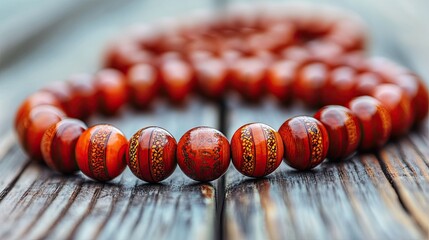 Ornate Wooden Beads on Wood.