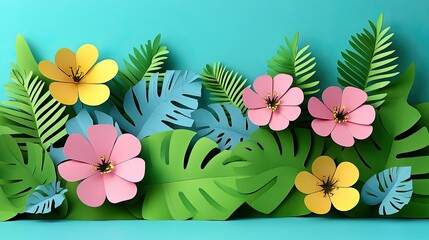 Paper Flowers Tropical Leaves Border.