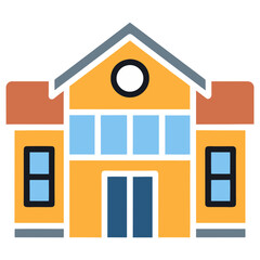 Simple illustration of a yellow building with blue windows