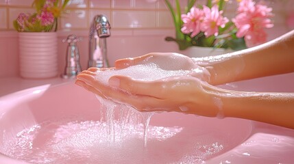 Pink sink with hands washing, and soap bubbles.