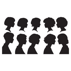Ten female head silhouettes with various short haircuts profile view