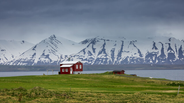 Scenic landscape of beautiful red house in the middle of green meadow and snow covered mountains near Dalvik in Iceland.