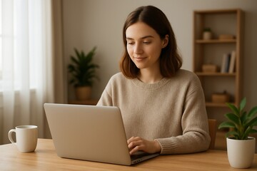 Fototapeta premium Young woman working on a laptop at home, sitting at a wooden desk in a cozy, sunlit room with natural light, plants, and minimal decor — remote work, freelance lifestyle, productivity concept.