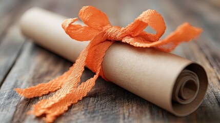 Rolled diploma with orange ribbon, and wood.