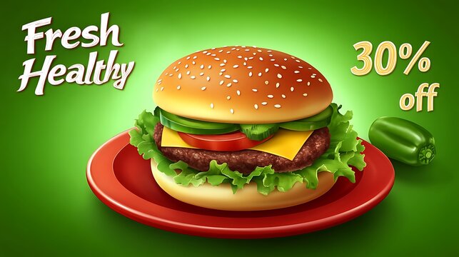 Delicious, healthy burger on a plate with a discount.