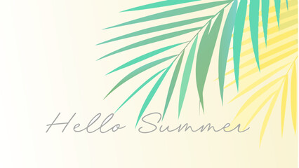 Illustration featuring palm leaves in green and yellow with a hello summer text overlay design