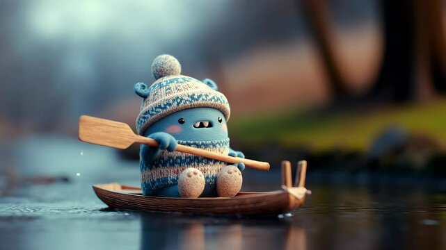 A cute blue little monster rowing in the middle of a river or lake beside it is a green forest in winter, professional videography, 3d render animation
