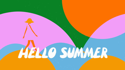Illustration of a woman walking with hello summer text and colorful abstract background design style