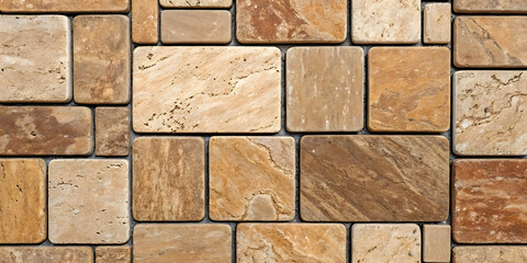 Warm brown travertine tiles in varied rectangular sizes displaying natural pitting, veining, and earth-toned coloration throughout the surface.