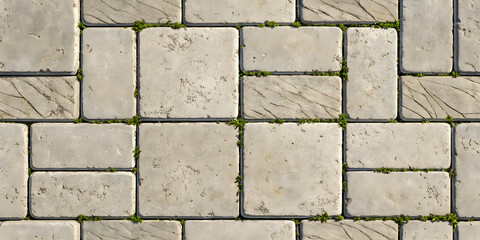 Weathered concrete pavers in running bond pattern with moss growth in joints showing aged gray surface texture and natural outdoor stone weathering.