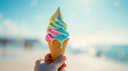 Hand holding melting rainbow ice cream cone on a sunny beach day and ummer, beach, ice cream, rainbow, melting, dessert, cone, vacation, treat, tropical.