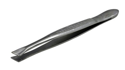 Closeup view of a metal eyebrow tweezer with a slanted tip, designed for precise removal of unwanted facial hair, commonly used in personal grooming and beauty routines, isolated on white background.