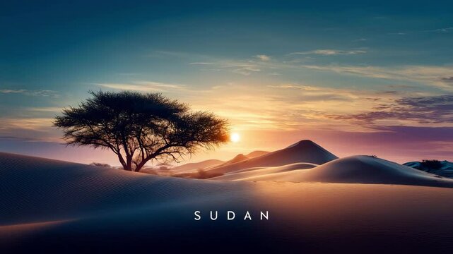 Wide sunrise landscape of a Sudanese desert with acacia tree silhouetted against rolling dunes, captured in cinematic  sunrise light. "SUDAN" text overlayed in bold.