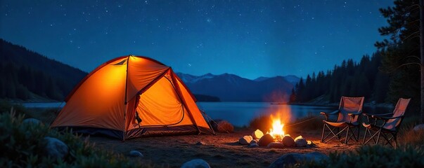 A cozy campsite scene featuring a durable, waterproof tent pitched under a starry night sky, alongside a campfire and comfortable camping chairs Ready for adventure and relaxation , outdoor, dark