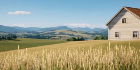 Rustic farmhouse golden wheat field landscape peaceful countryside scenery