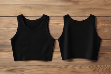 A flat lay of a black cropped tank top mockup on a wooden surface. The top is shown from both the front and back angles, highlighting its ribbed texture and design.