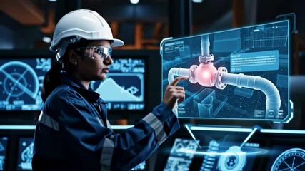 Engineer on offshore platform uses augmented reality hologram to inspect a pipeline. Ideal for oil and gas industry, AR technology, or plant management visuals. - Powered by Adobe