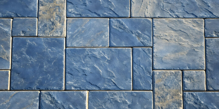 Blue slate stone tiles with varied rectangular shapes arranged in running bond pattern with natural texture variations and veining.