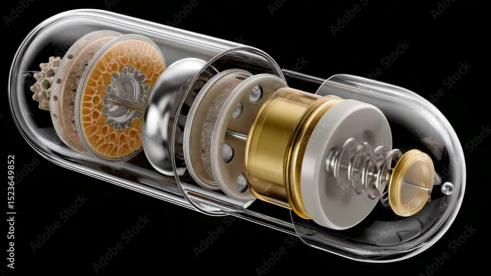Poster transparent capsule design engineering internal mechanism with innovative technology and intricate c