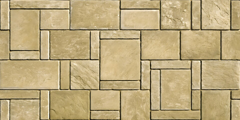 Naklejka premium Tan limestone rectangular tiles arranged in modular pattern with varied sizes creating geometric design on natural stone flooring surface.