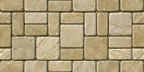 Beige travertine stone tiles in varied rectangular shapes with natural holes and texture arranged in modular ashlar pattern design.