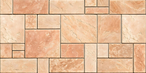 Coral pink travertine tiles arranged in modular rectangular pattern with natural stone texture and warm peachy tones throughout.