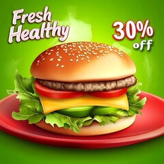 A detailed illustration of a fresh healthy hamburger on a red plate.
