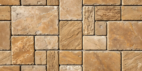 Golden brown sandstone tiles in modular rectangular arrangement featuring natural stone texture...