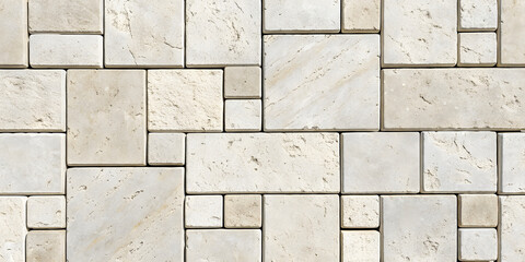 Light beige travertine tiles in various rectangular sizes arranged in random pattern with minimal...