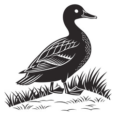 Black and white duck illustration with grass and water, stylized vector drawing of a duck in profile
,ai generator
