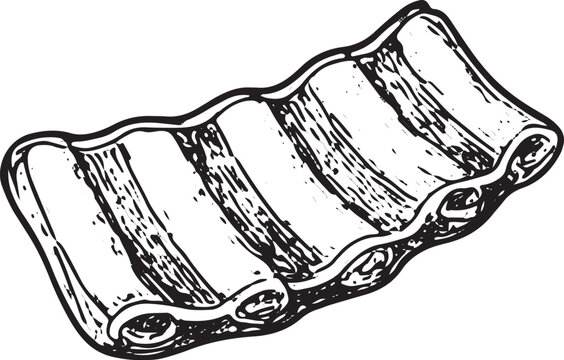 A detailed black-and-white sketch of juicy BBQ ribs with grill marks, stacked and ready to eat, embodying a smoky, savory flavor for a perfect outdoor barbecue experience