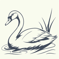 Black and white duck illustration with grass and water, stylized vector drawing of a duck in profile
,ai generator