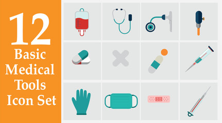 Basic Medical Tools Icon Set – 12 Vector Medical Equipment Illustrations for Healthcare Design
