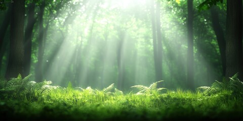 Fototapeta premium Sunlight filtering through forest trees illuminating green ferns and undergrowth