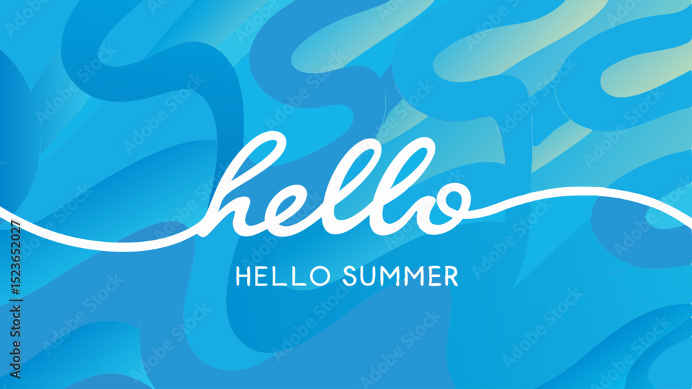 Poster hello summer greeting with blue gradient background and flowing white line design element style imag