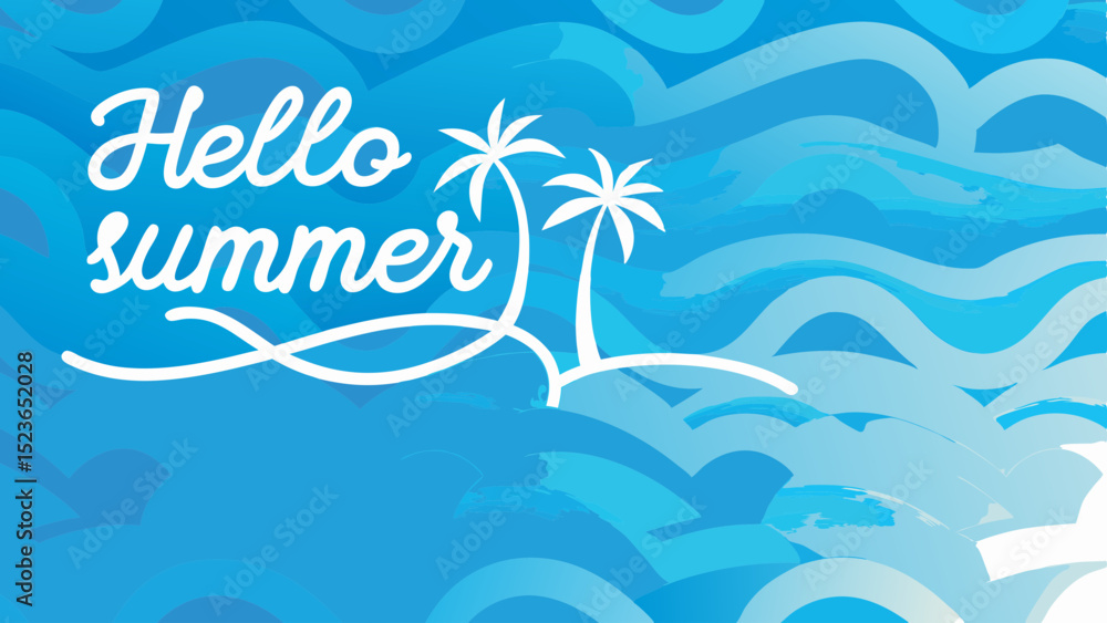 Poster hello summer text with palm trees on a small island and blue waves background design illustration