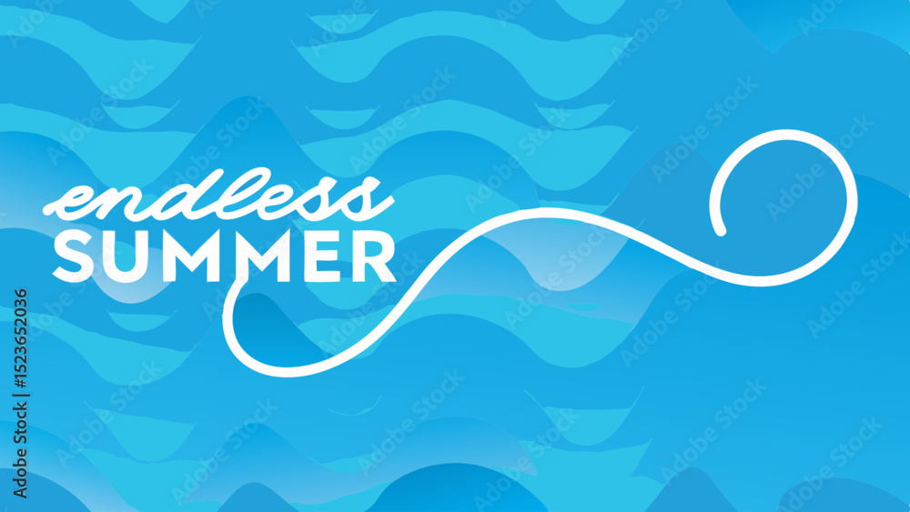 Poster endless summer text in white over a blue wavy background with a white swirl design element at the ri