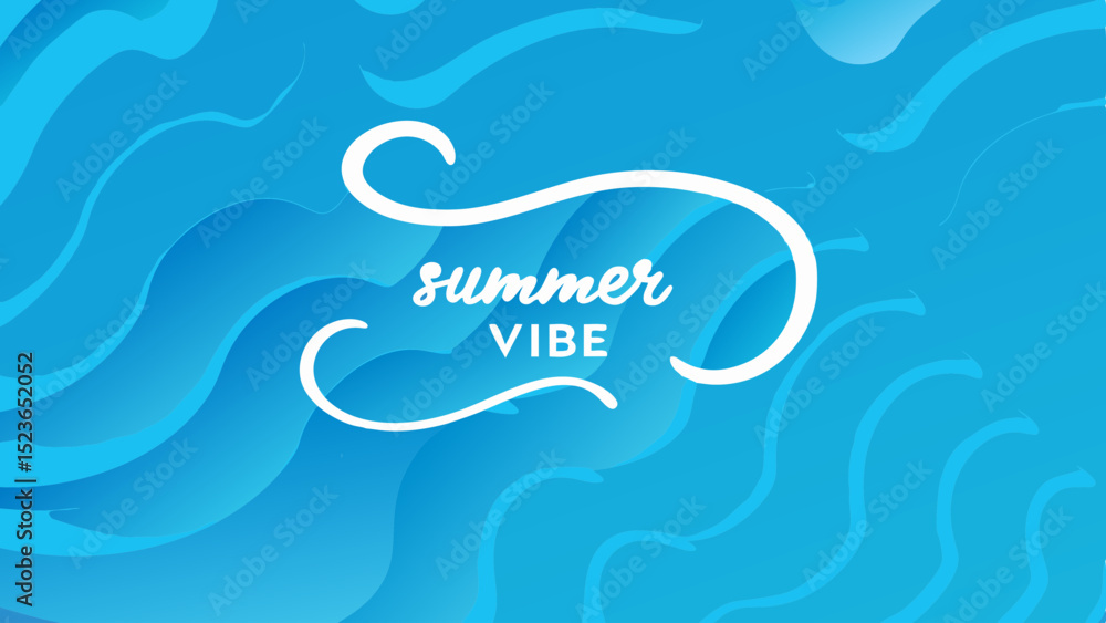 Poster summer vibe text in white cursive font on a blue wavy background with a decorative swirl element des