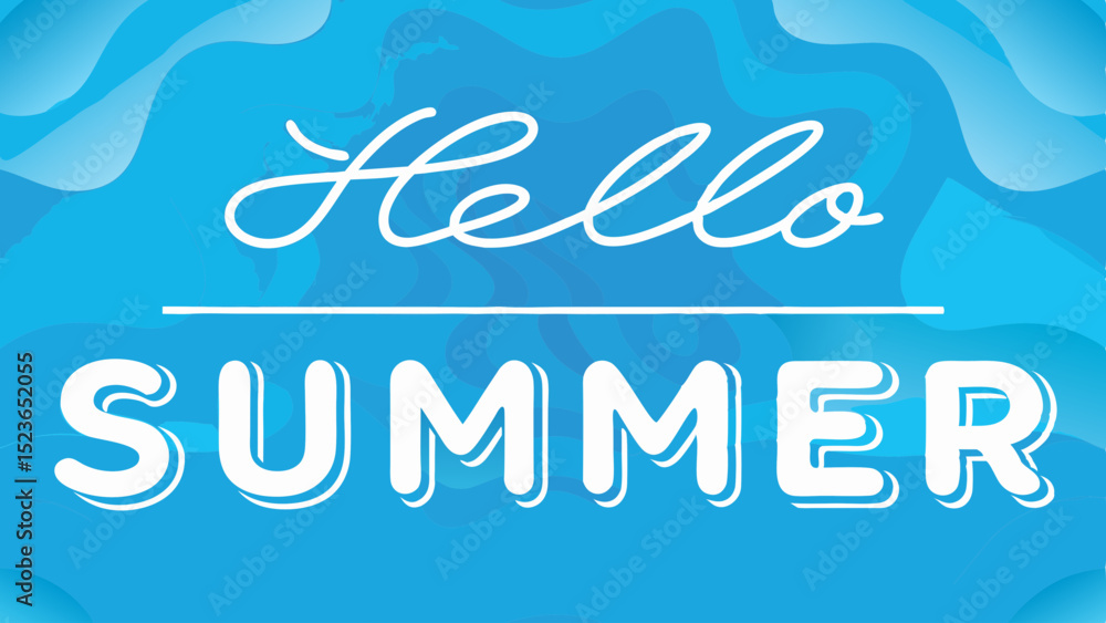Poster hello summer message with a blue background and white text and a white line in the center of the ima