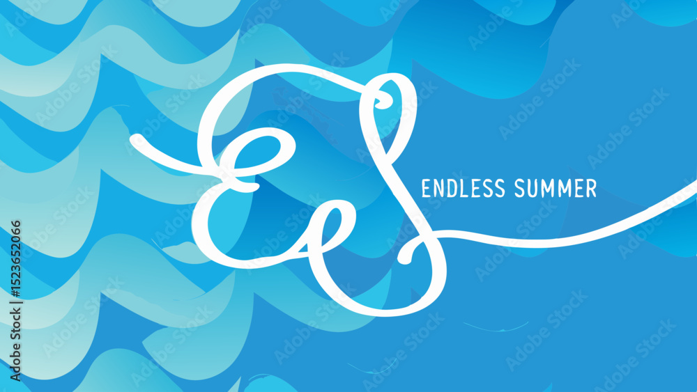 Poster elegant endless summer text design with white cursive letters and blue wavy background for a beach t