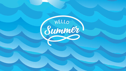 Hello summer text in white decorative frame over blue wavy background with light and dark shades design