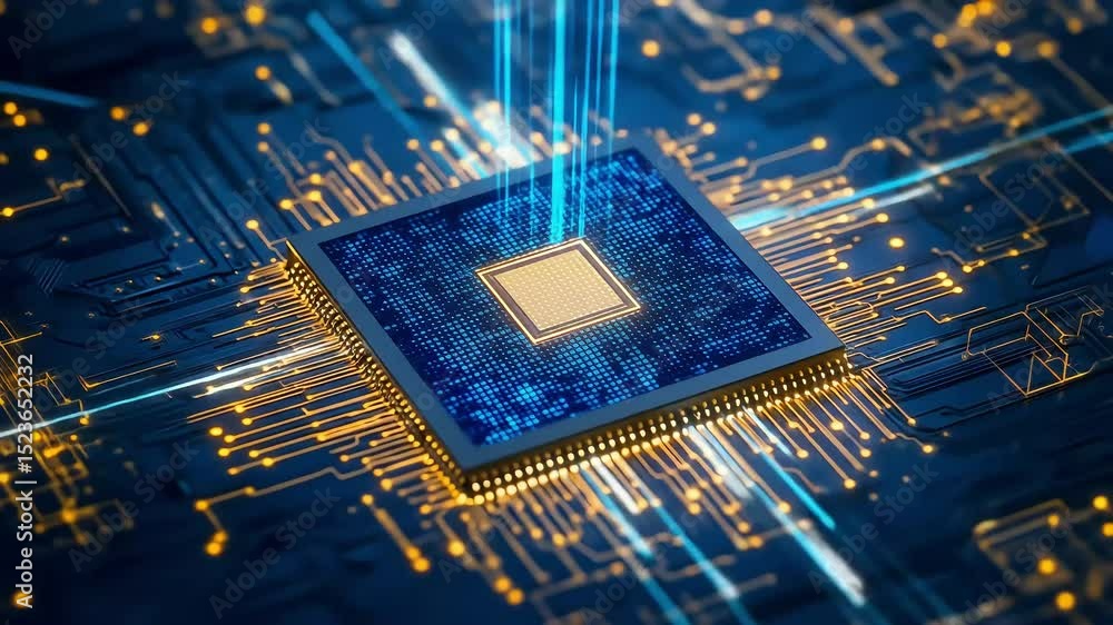 Poster microchip's intricate circuitry glows with data flow