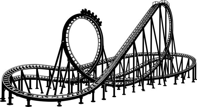 A black and white silhouette of a roller coaster