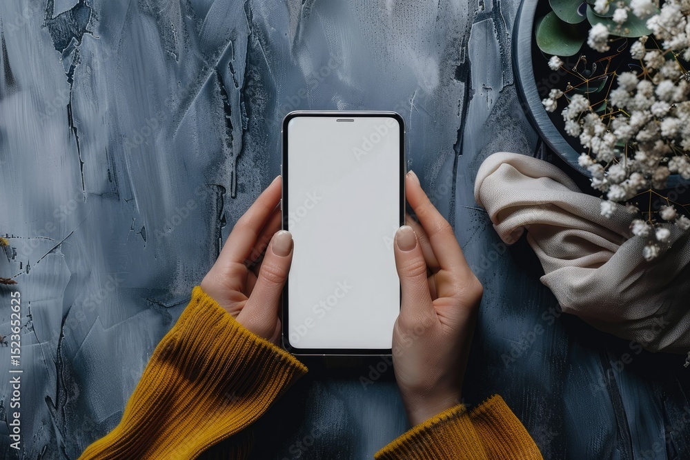 Poster pixel perfect image of female hands using smart phone with empty screen top view banner