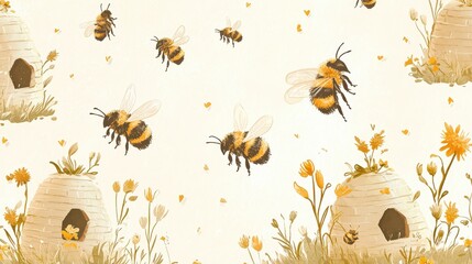 Cute Whimsical Pattern of Pastel Colored Bumblebees and Flowers