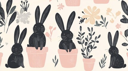 Cute Whimsical Pattern of Tiny Bunnies Peeking from Flower Pots