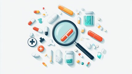 Investigating medical supplies pharmacy digital illustration clean workspace overhead view health awareness