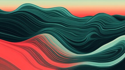 Abstract lines and smears in horizontal orientation with moody green, coral red, and sky blue balance, 
