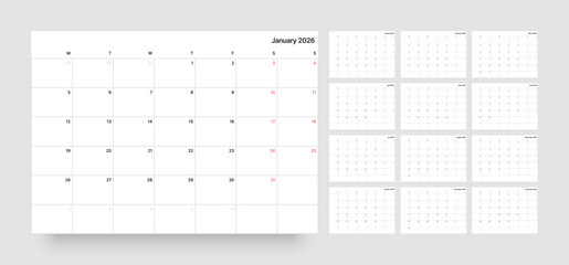 Monthly calendar layout for 2026 year. Minimalistic Diary planner for 2026 year. Week Starts on Monday. 