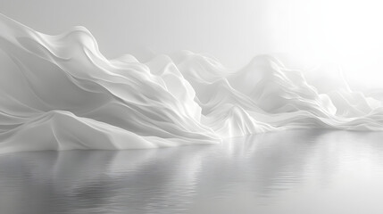 Abstract Aerial View of Gentle Flowing White Fabric Waves in a Minimalist Digital Artwork Environment